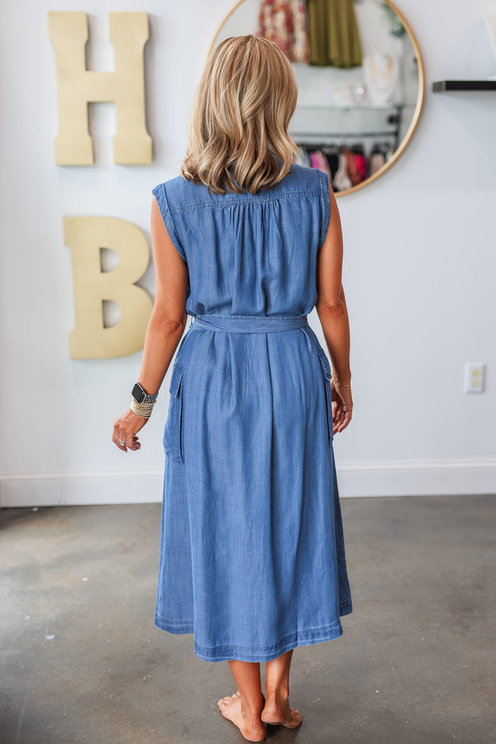 Button Down Tie Waist Dress - Chambray