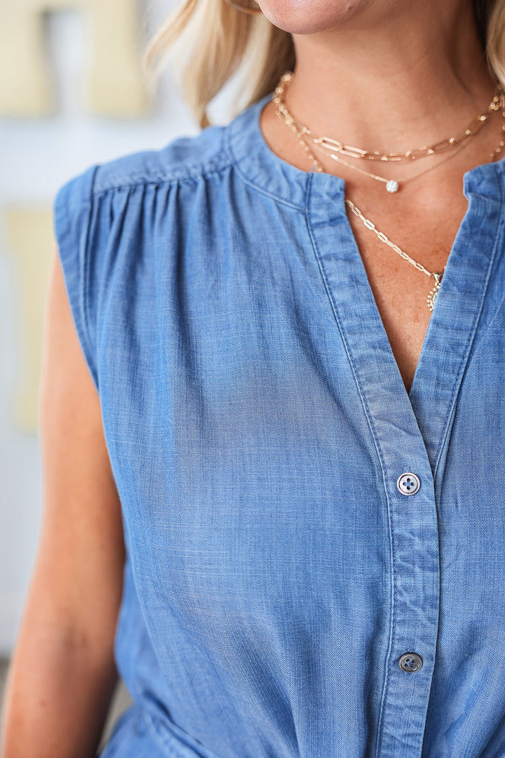 Button Down Tie Waist Dress - Chambray