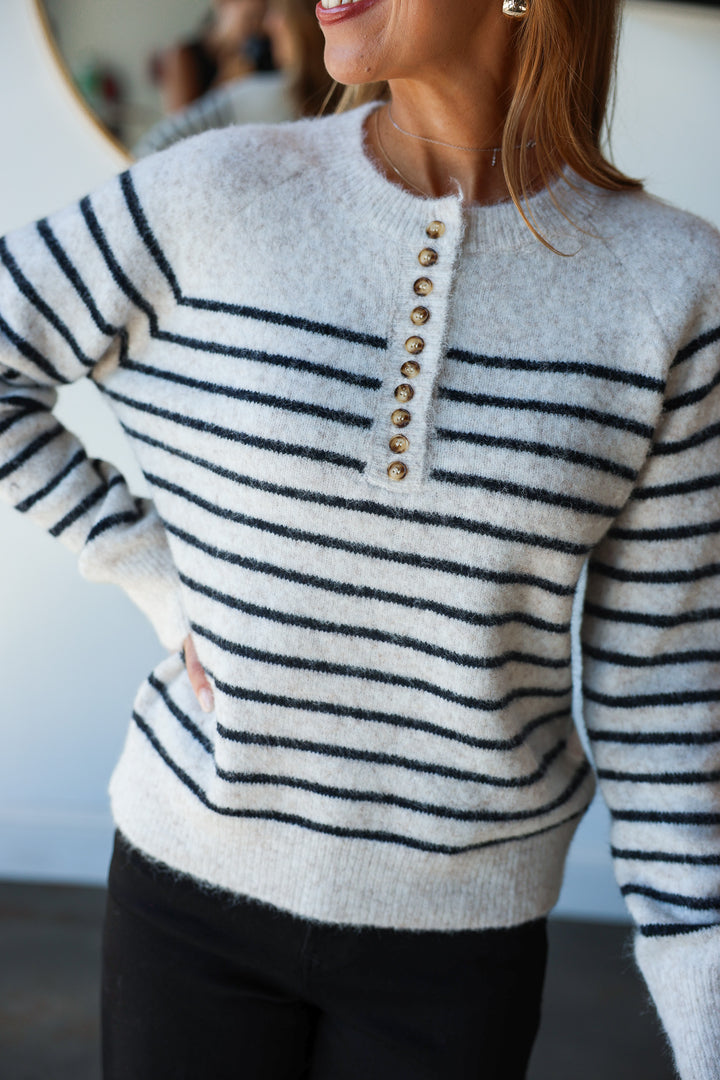 Button Front Striped Sweater - Ecru