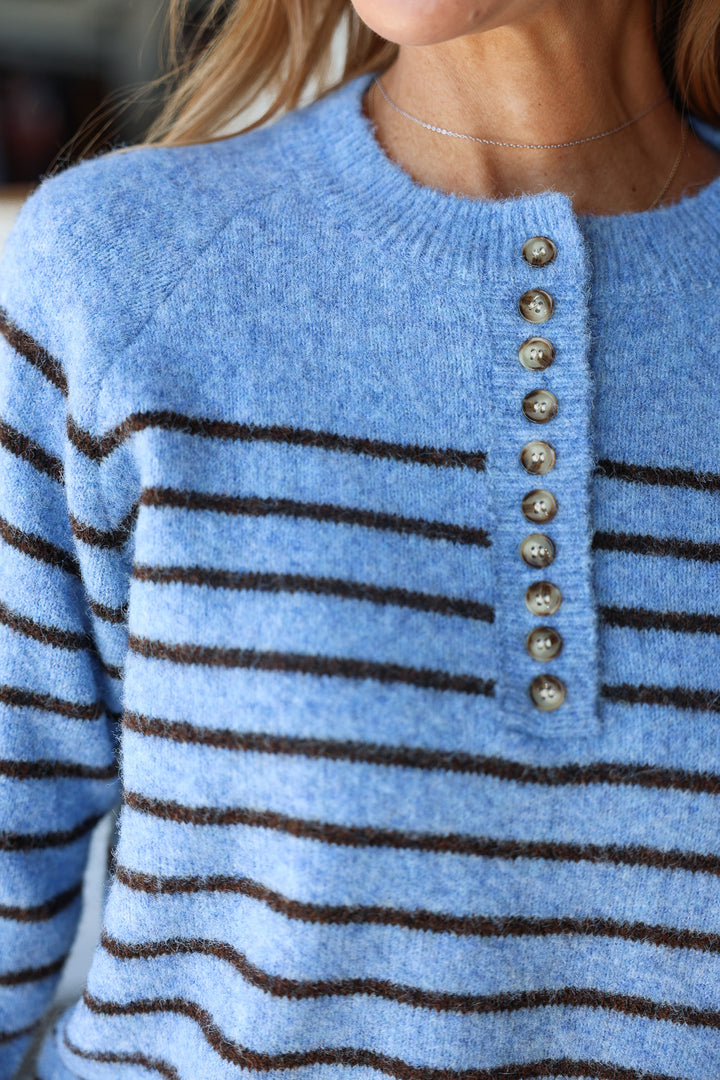 Button Front Striped Sweater - Blue