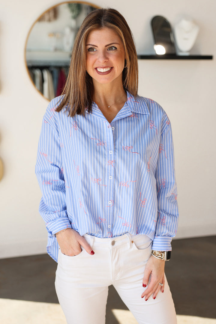 Embroidered Bow Button Down - Blue