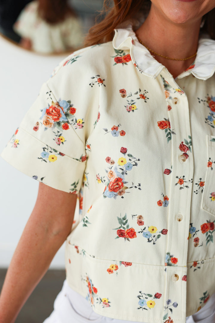 Denim Floral Top - Cream