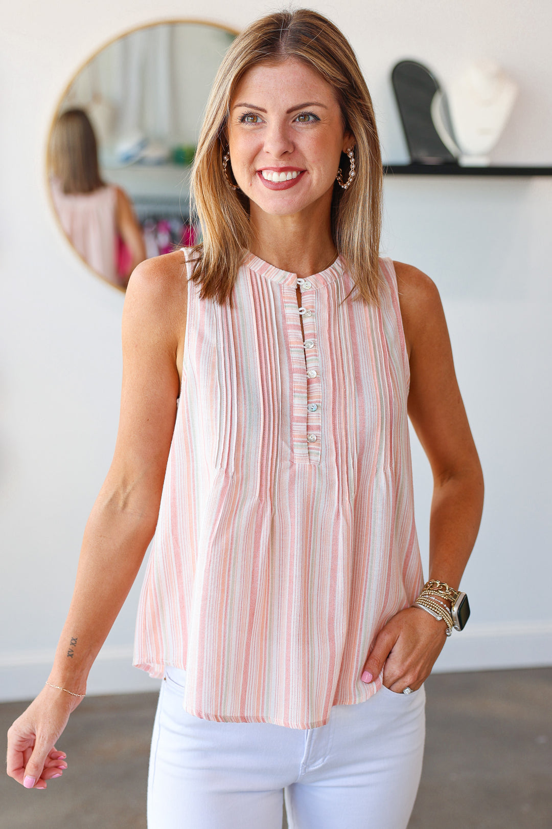 Striped Button Front Top - Peach Pink