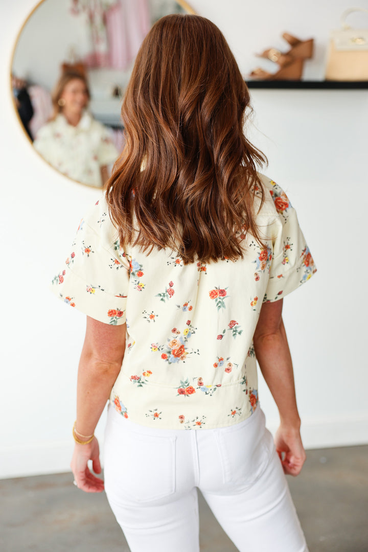 Denim Floral Top - Cream