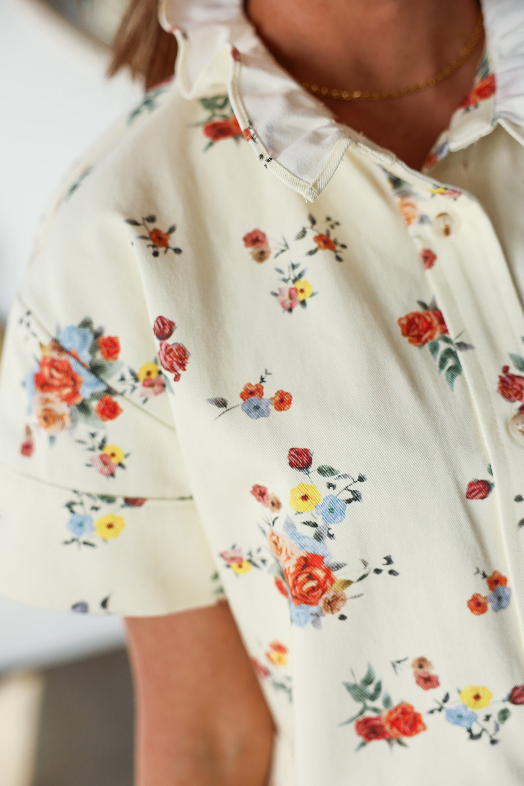 Denim Floral Top - Cream