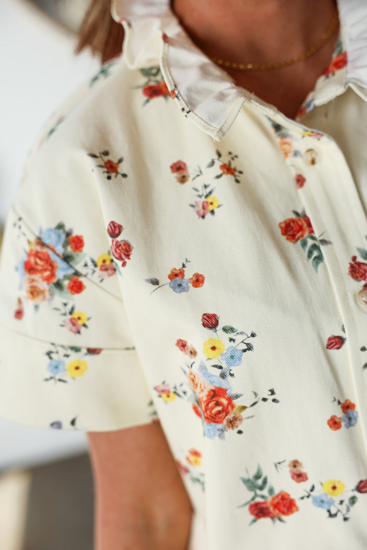 Denim Floral Top - Cream