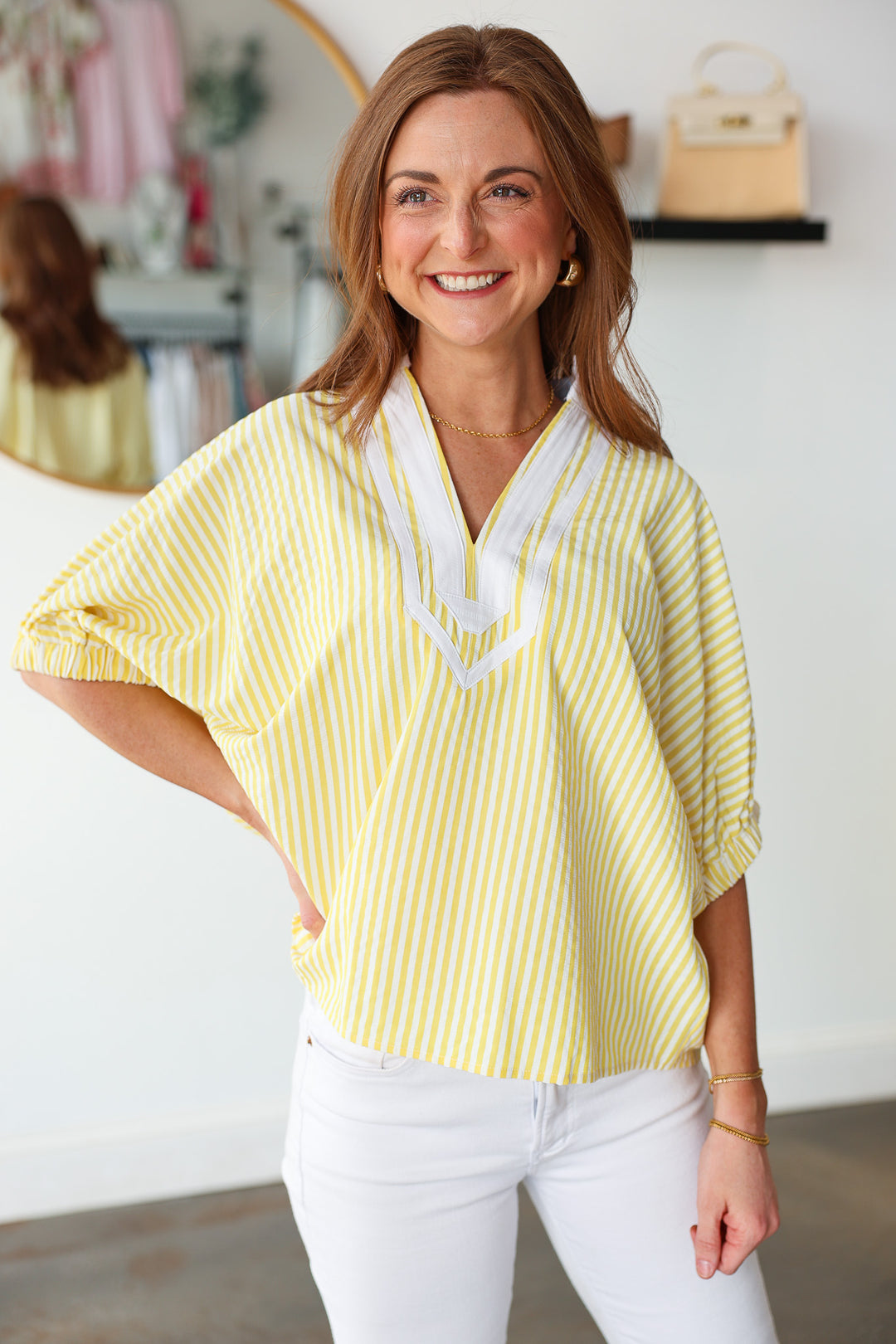 Contrast Trim Striped Top - Yellow