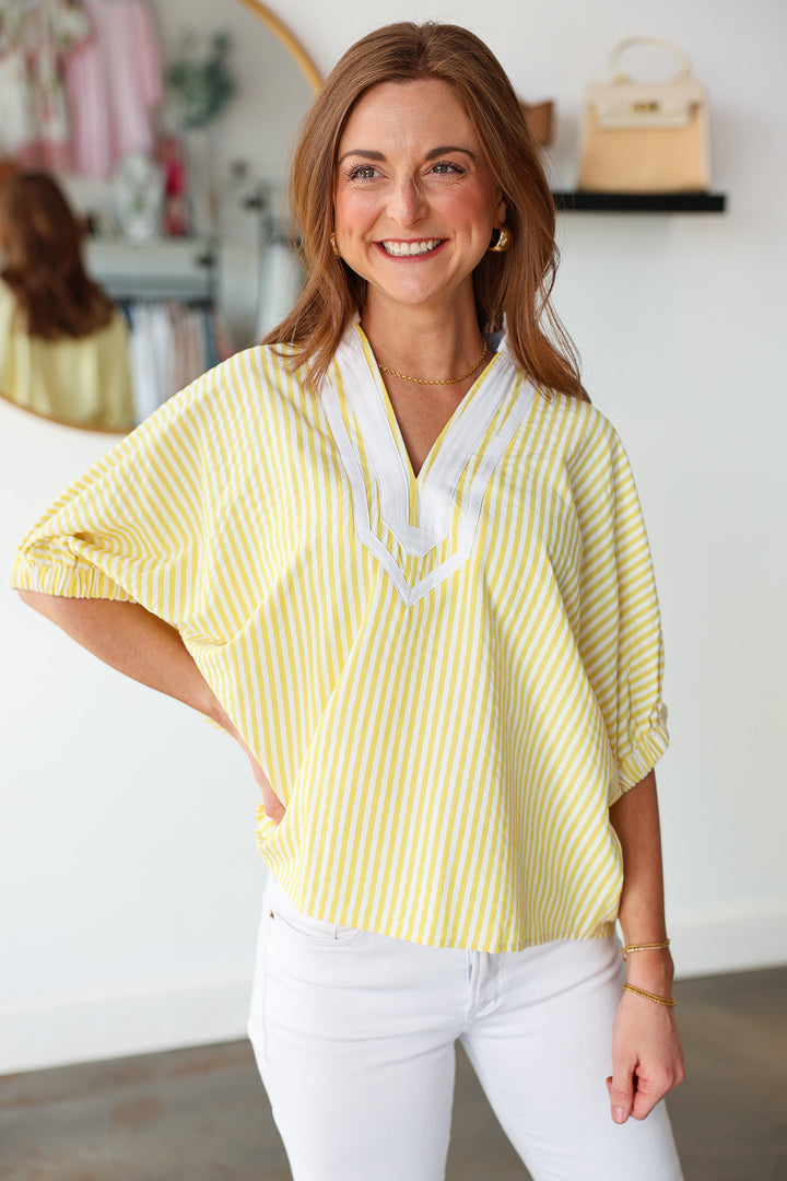 Contrast Trim Striped Top - Yellow