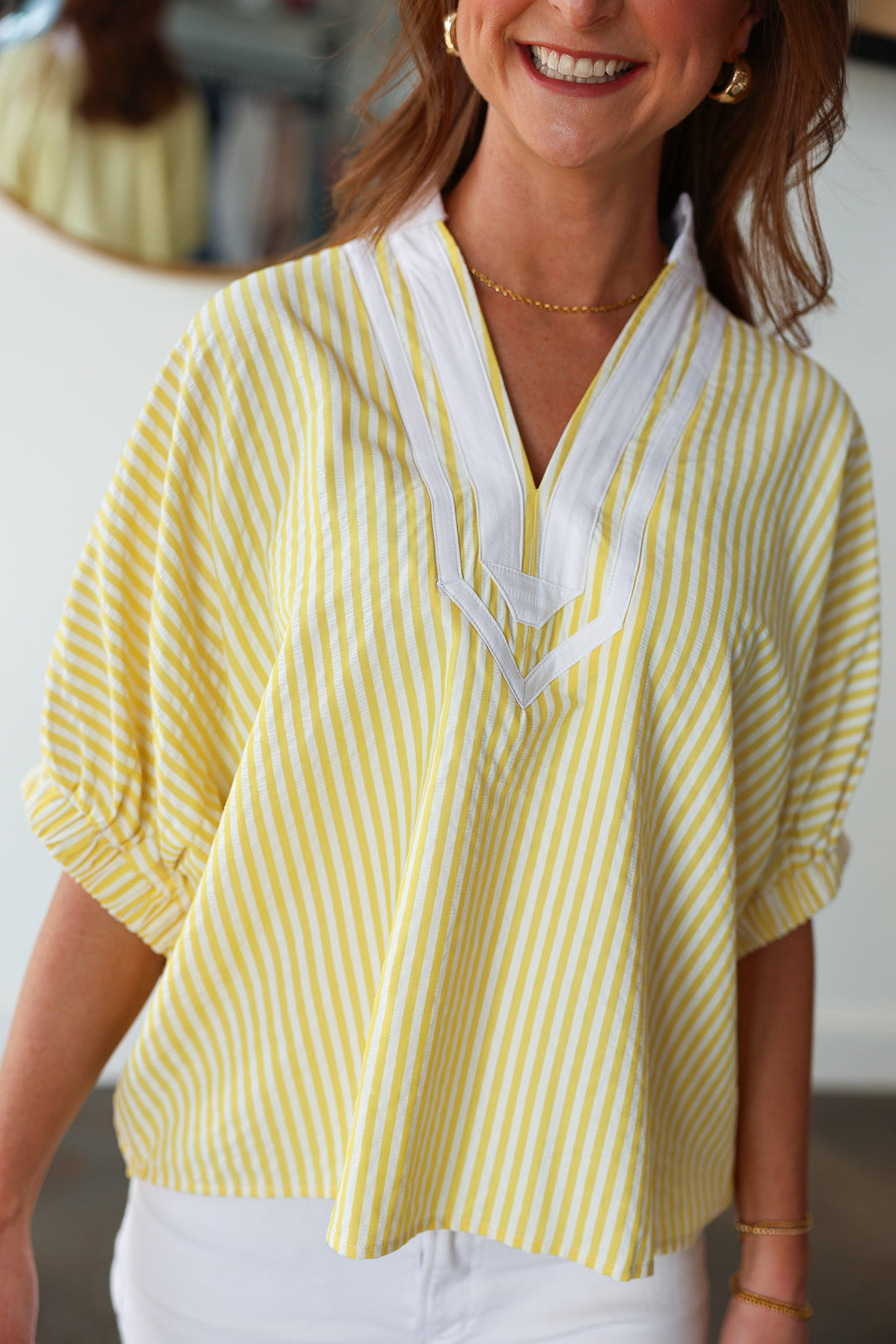 Contrast Trim Striped Top - Yellow