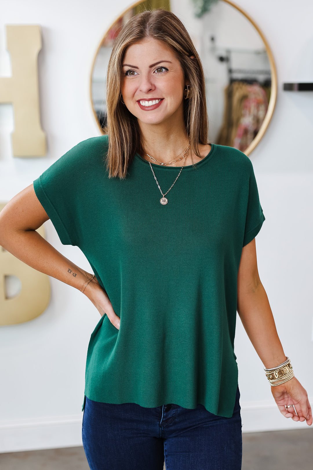 Boat Neck Knit Top - Forest Green