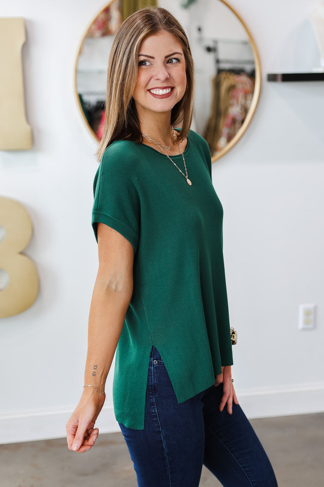 Boat Neck Knit Top - Forest Green