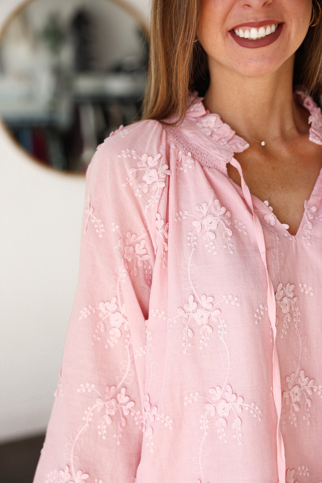 Floral Embroidery Tie Neck Blouse - Pink