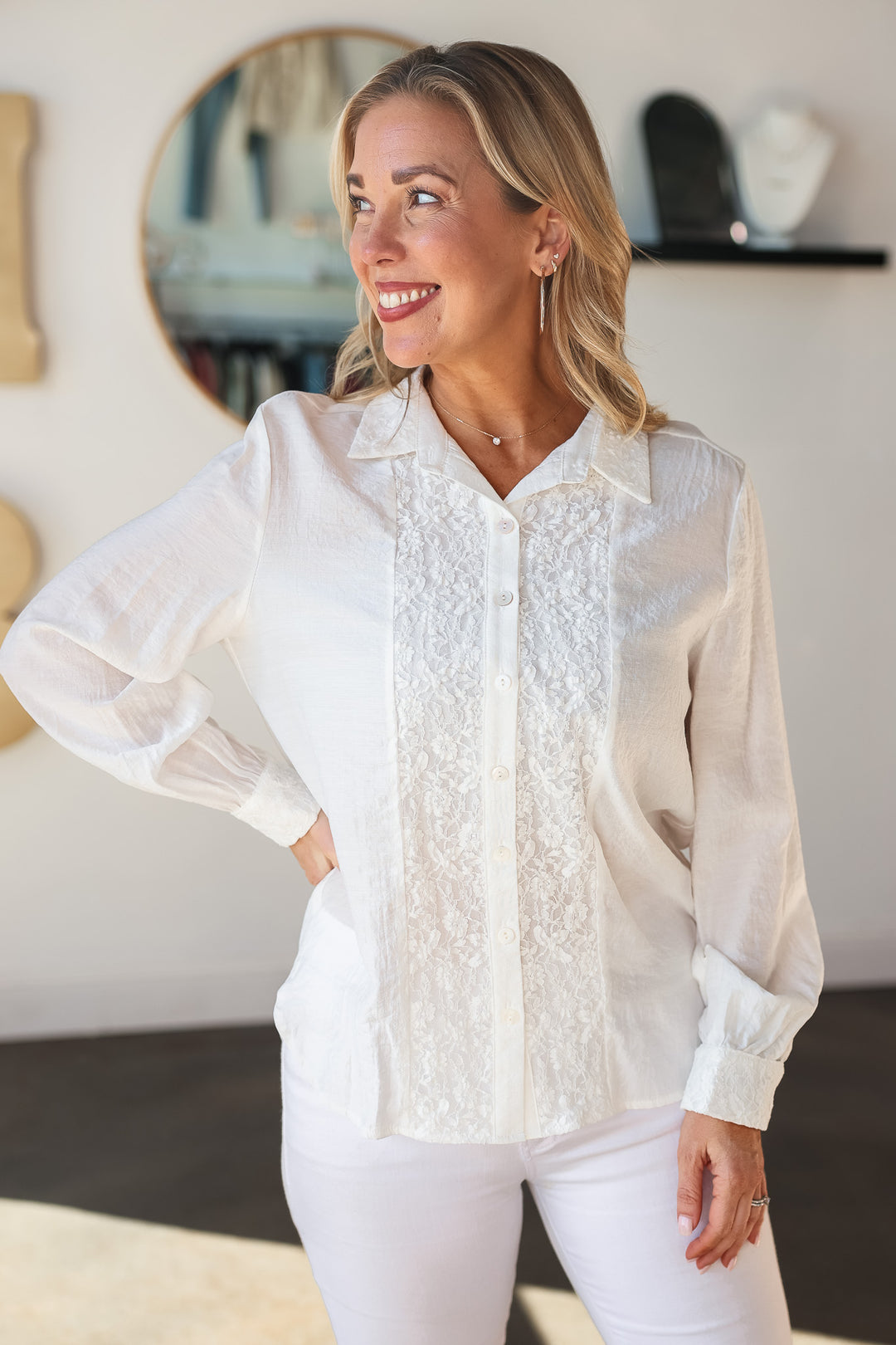 Lace Front Button Down - Off White