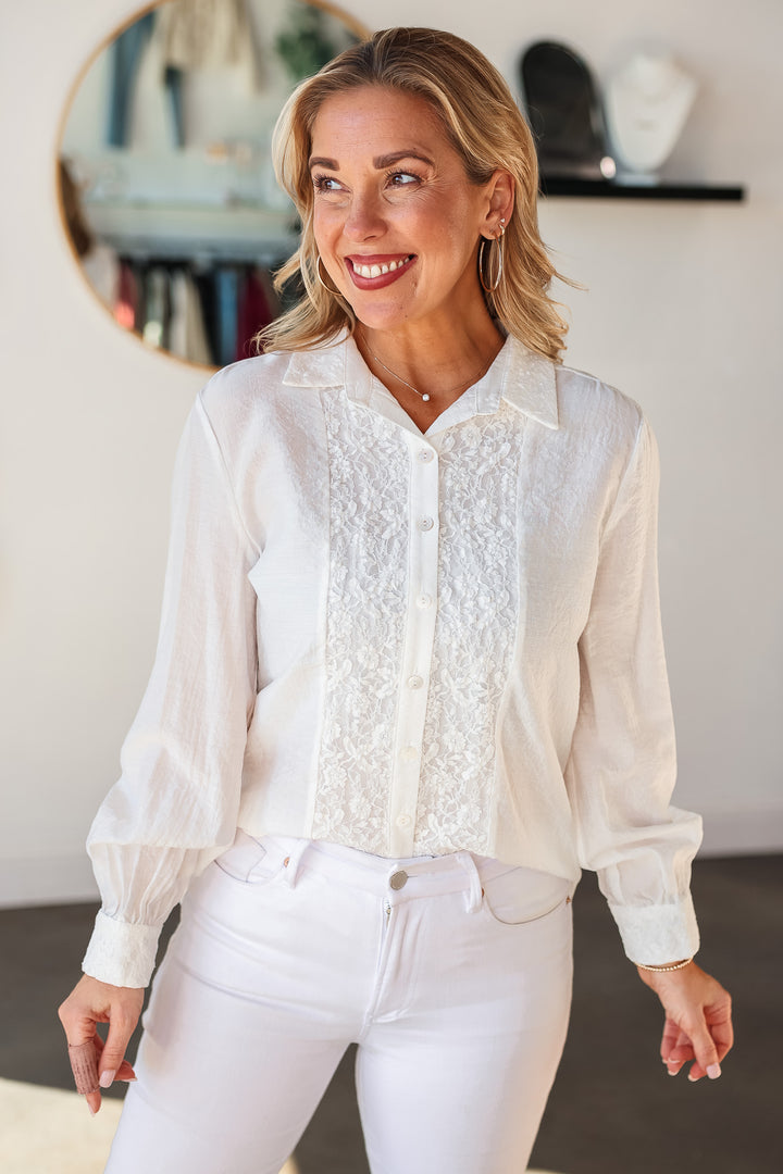 Lace Front Button Down - Off White