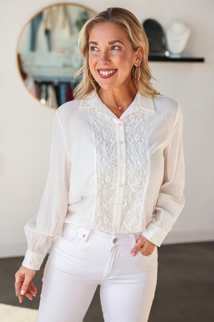 Lace Front Button Down - Off White