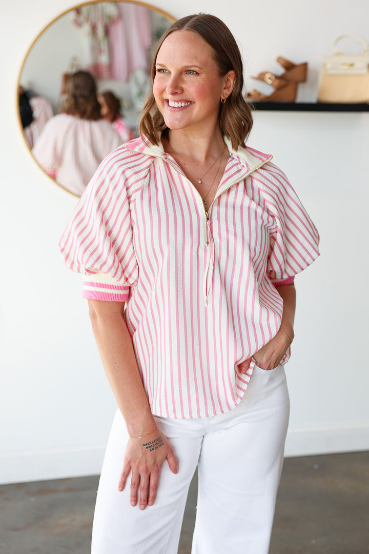 Contrast Trim Striped Top - Pink