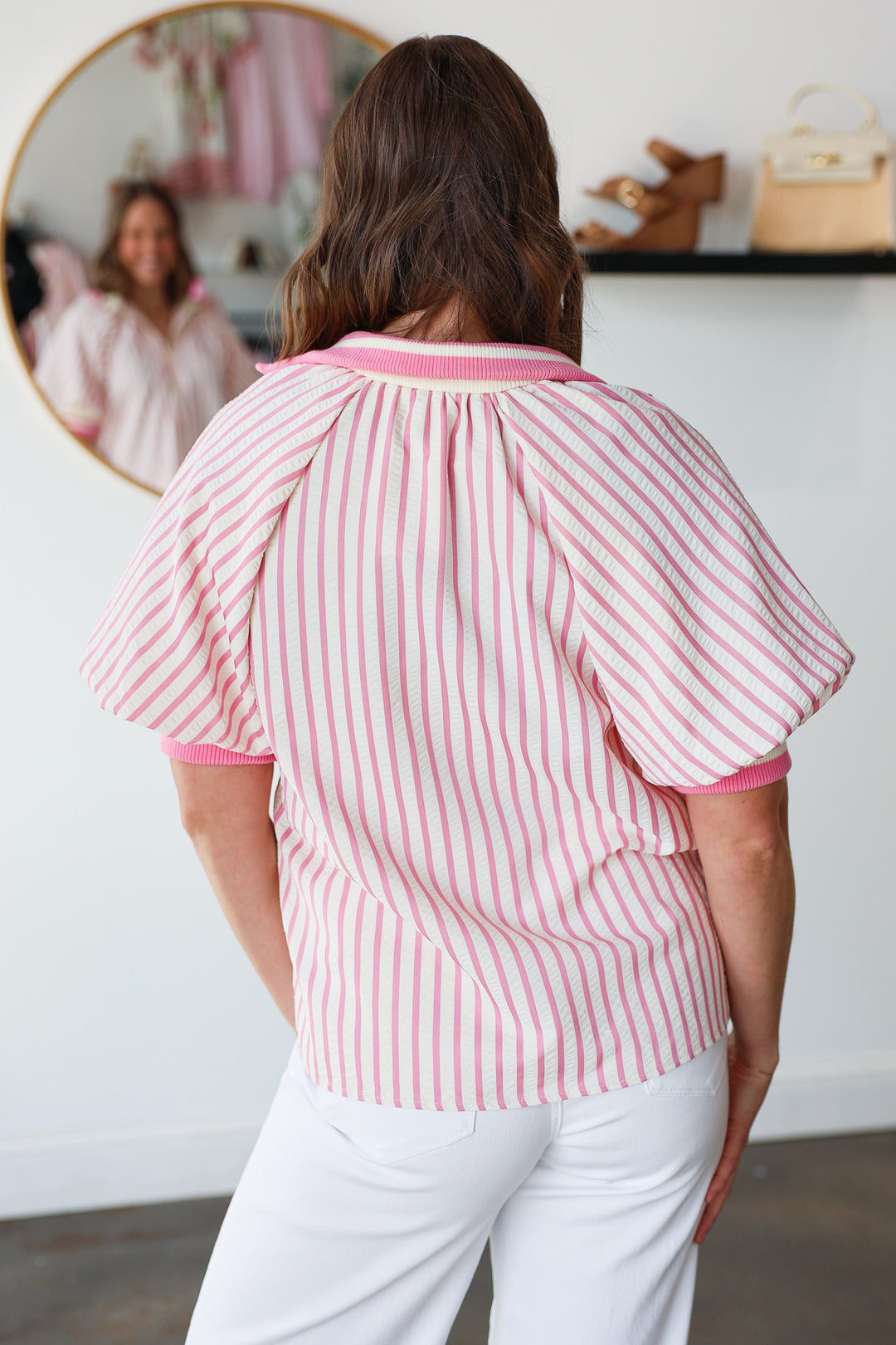 Contrast Trim Striped Top - Pink