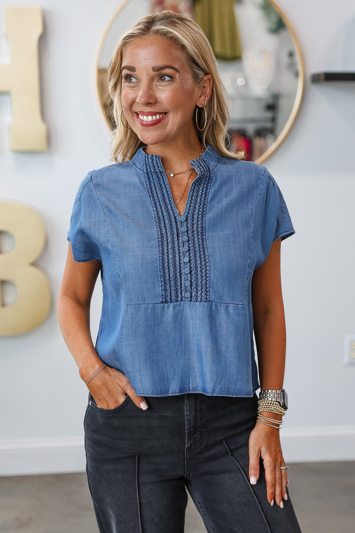 Front Detail Button Top - Chambray