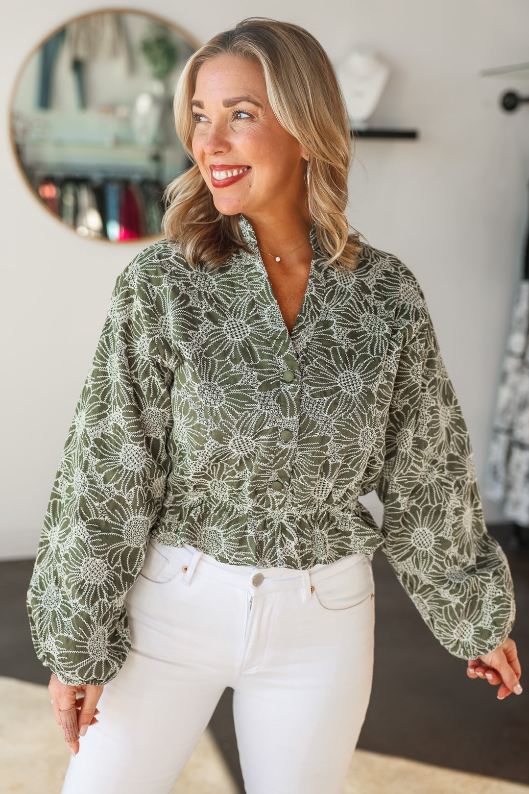 Embroidered Floral Top - Olive