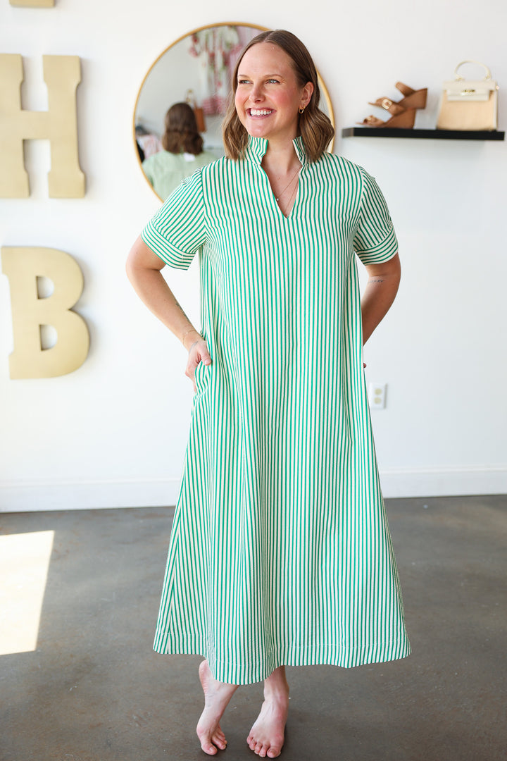 Ruffle Neck Striped Dress - Green