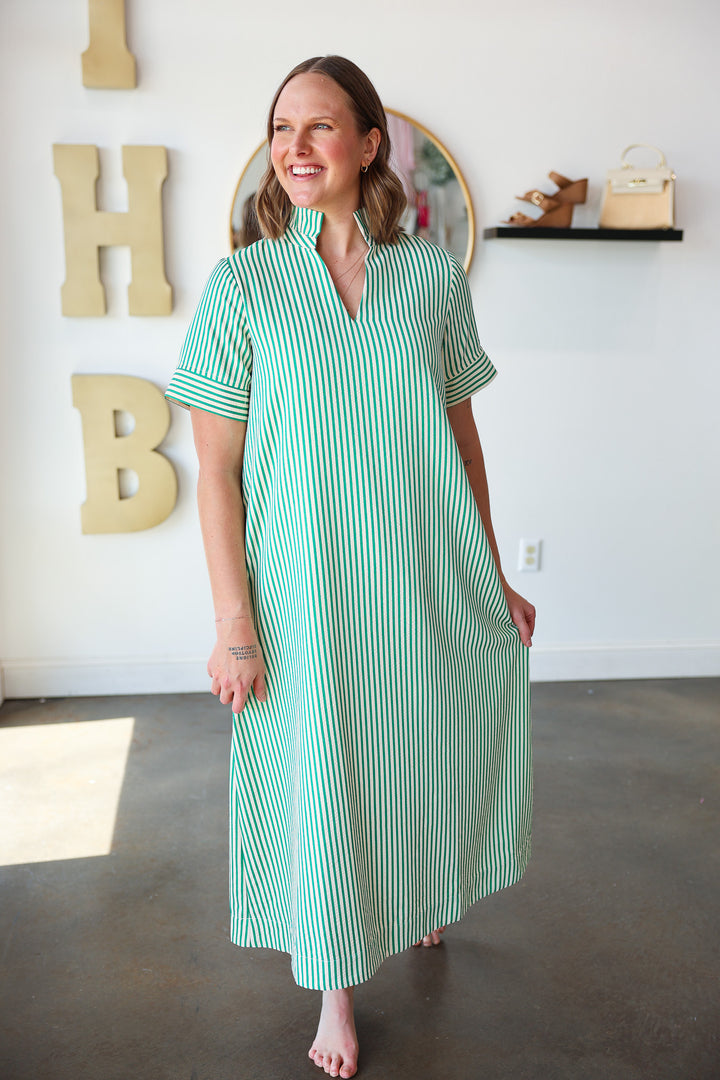 Ruffle Neck Striped Dress - Green