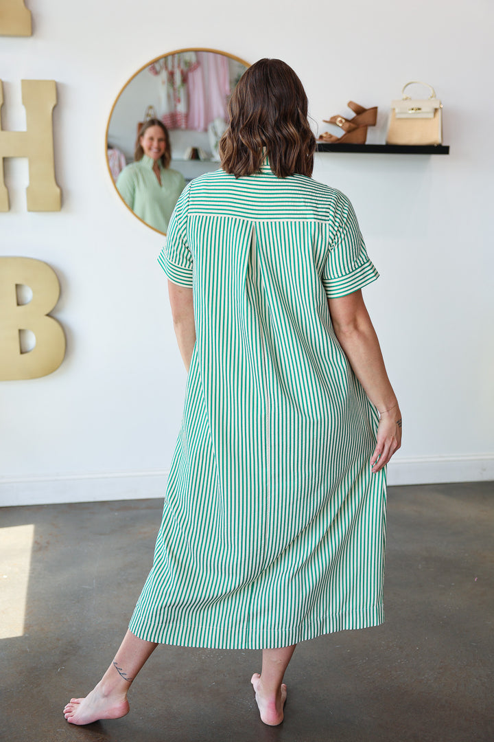 Ruffle Neck Striped Dress - Green