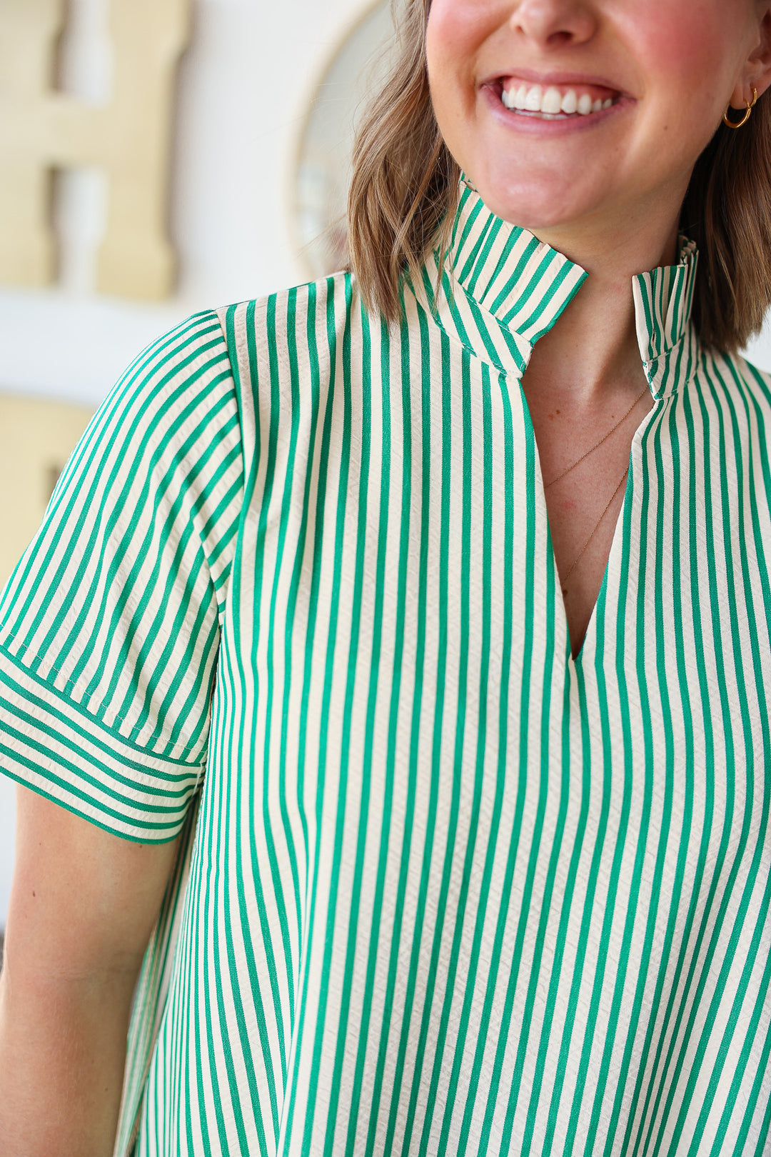 Ruffle Neck Striped Dress - Green