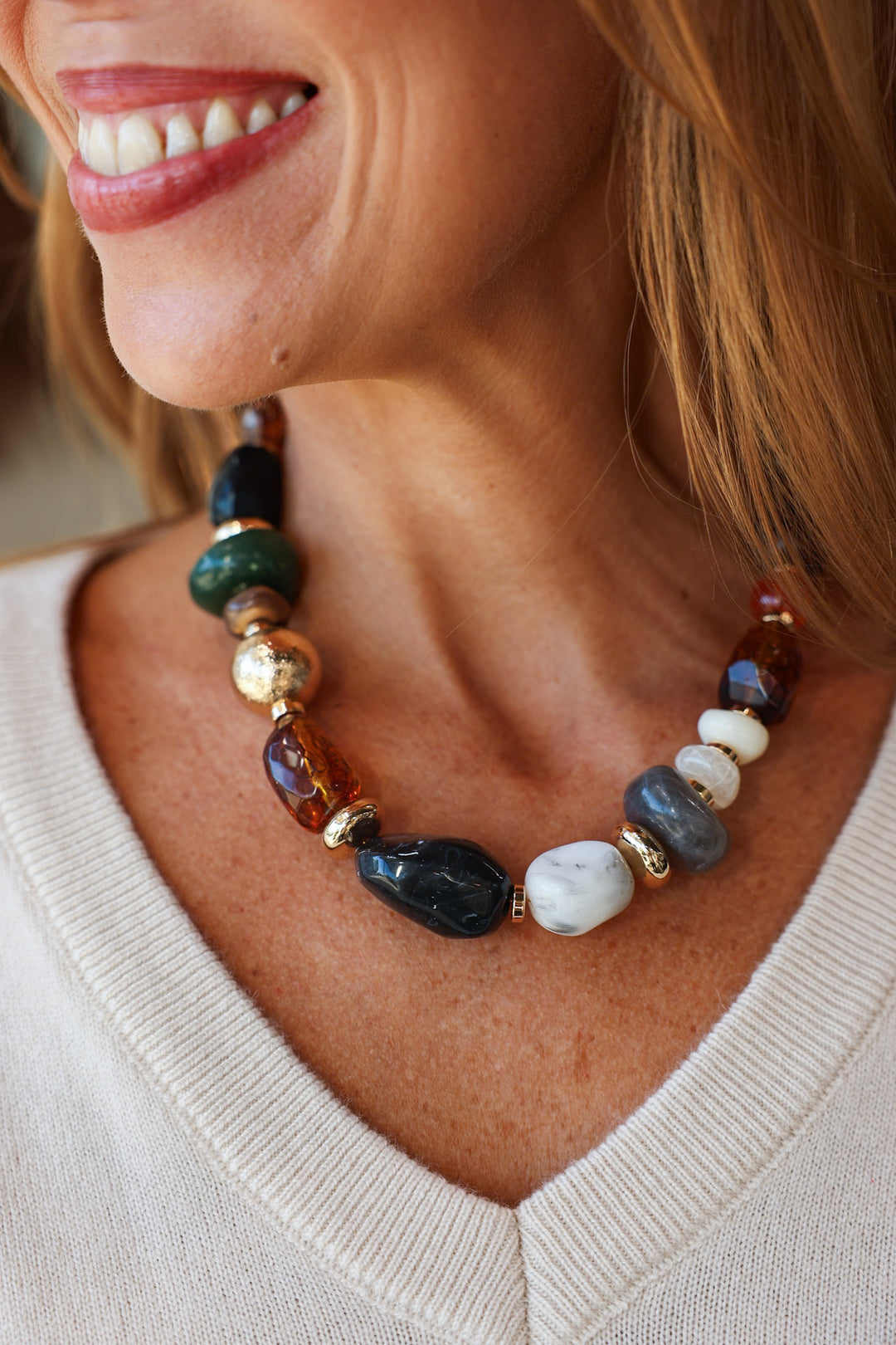 Multi Shape Stone Necklace - Black/Gold