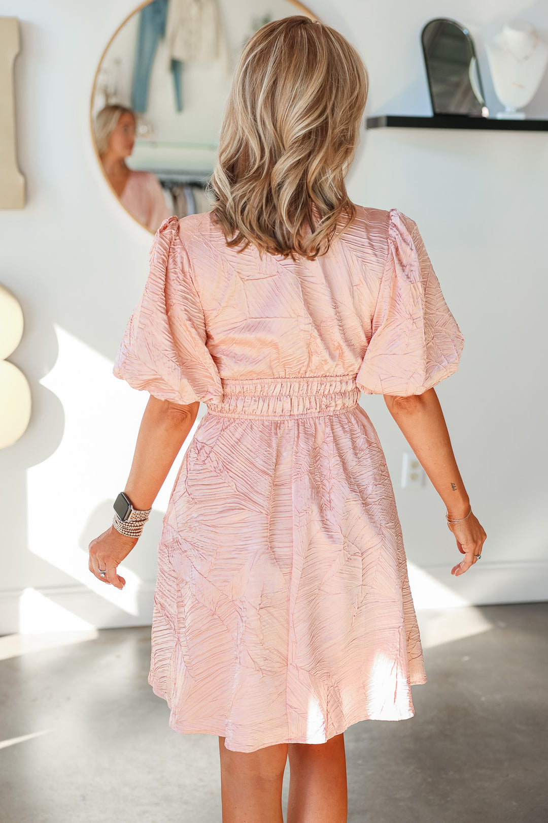 Textured Balloon Sleeve Dress - Light Pink