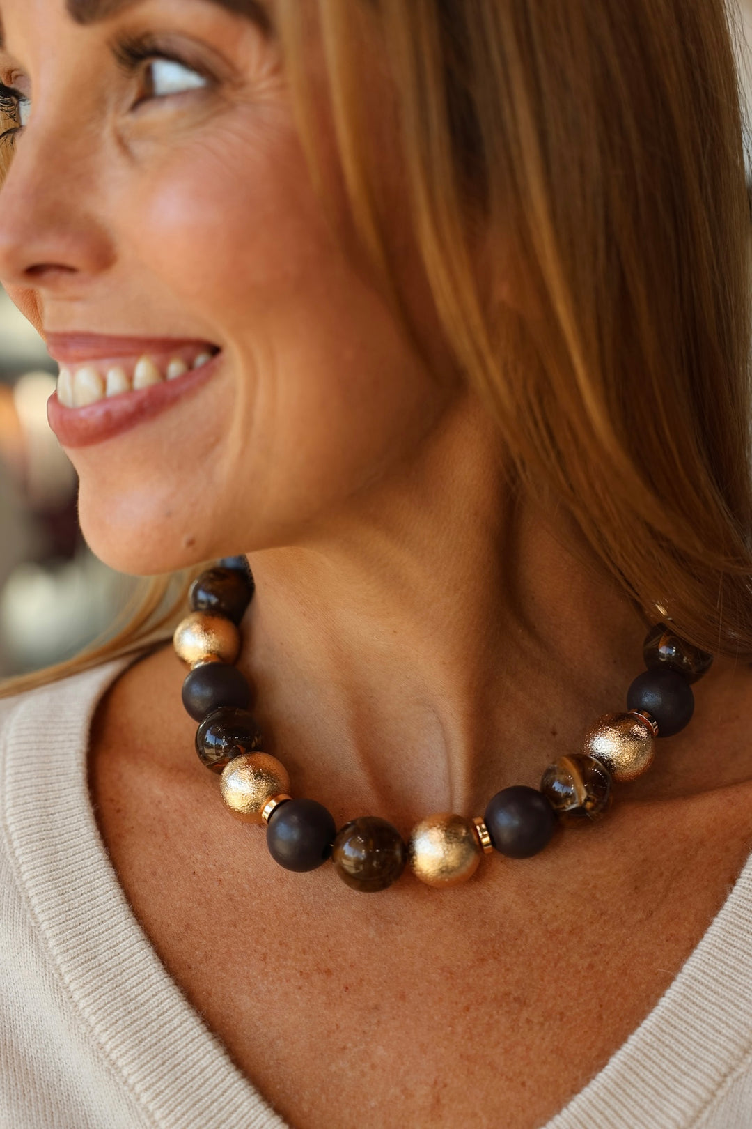 Ball Bead Necklace - Brown/Gold