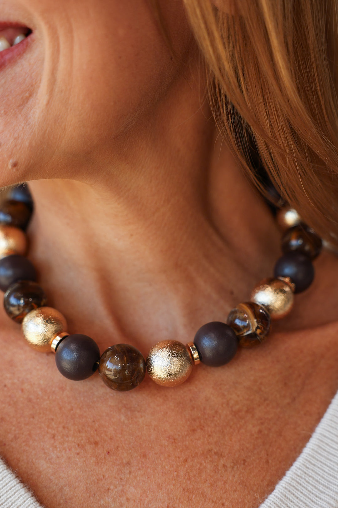 Ball Bead Necklace - Brown/Gold
