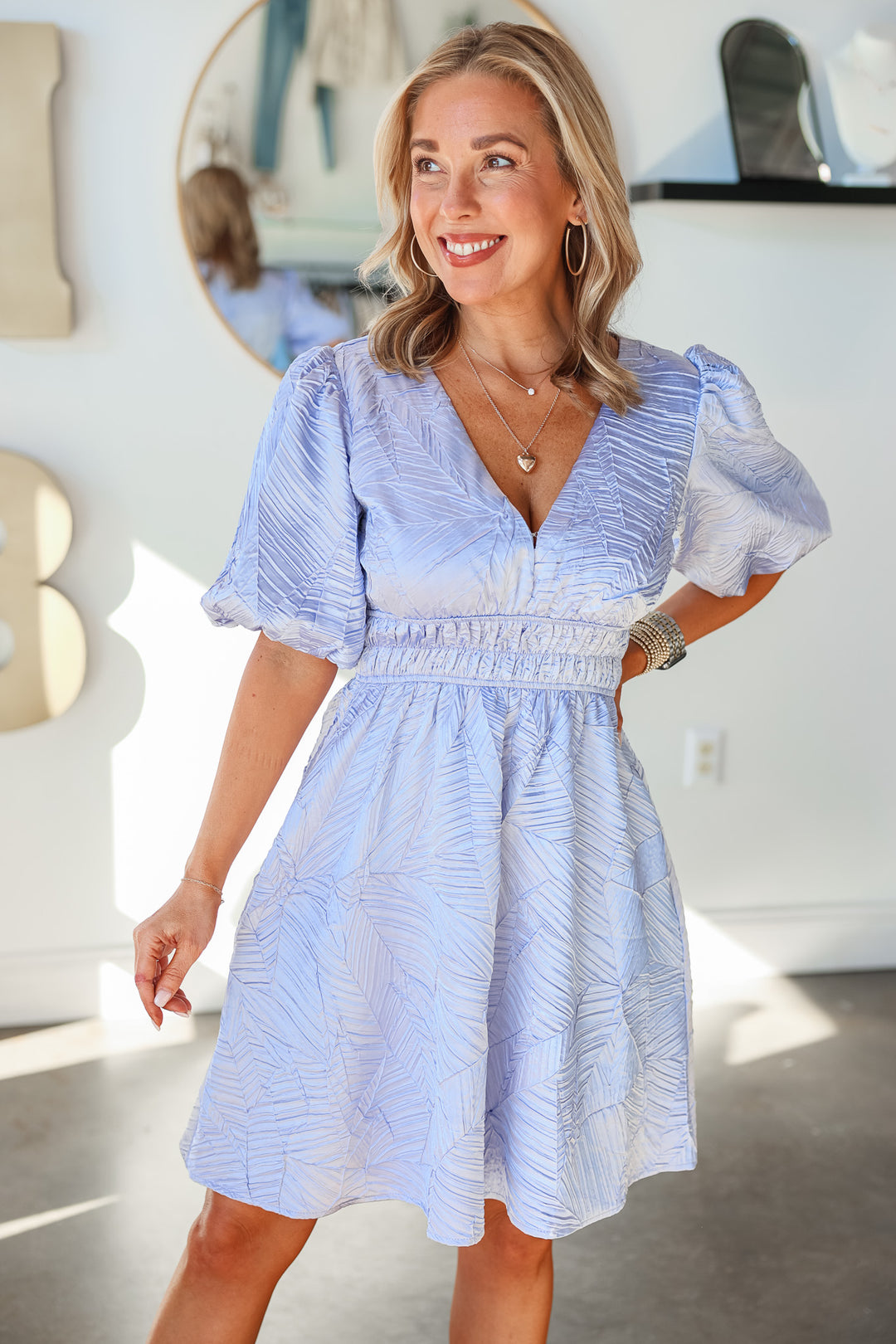 Textured Balloon Sleeve Dress - Blue