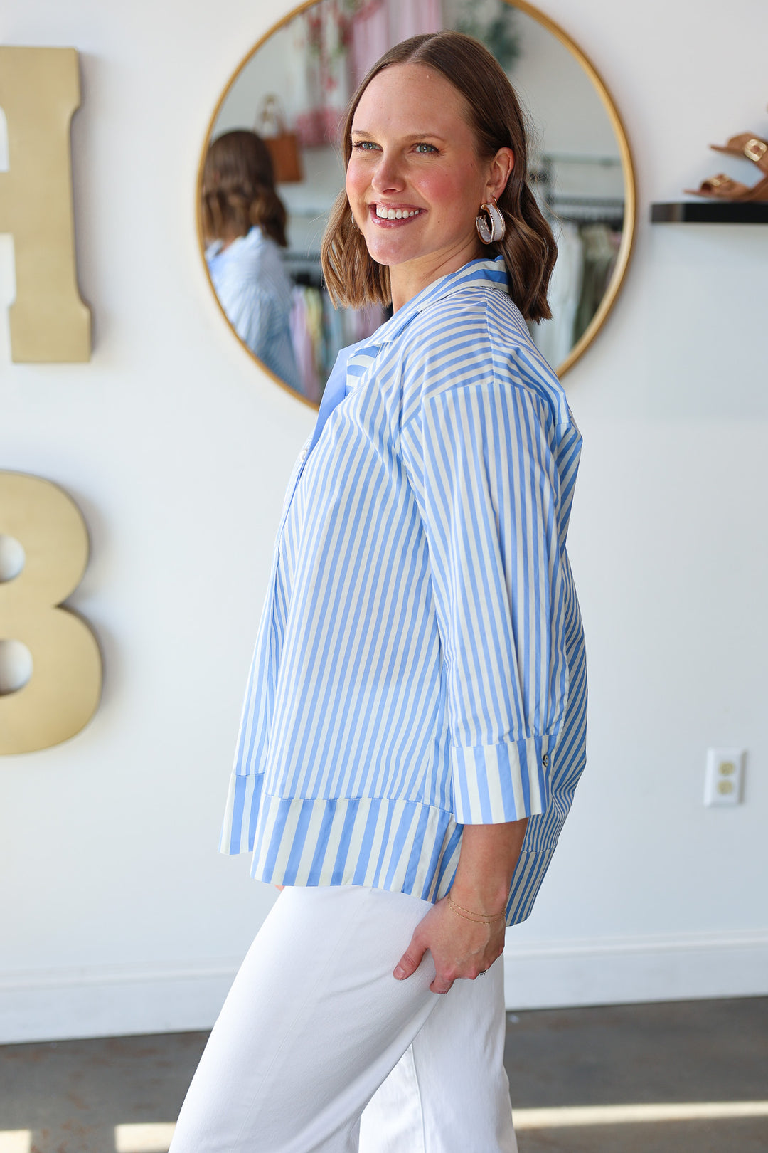 Pearl Button Striped Top - Blue