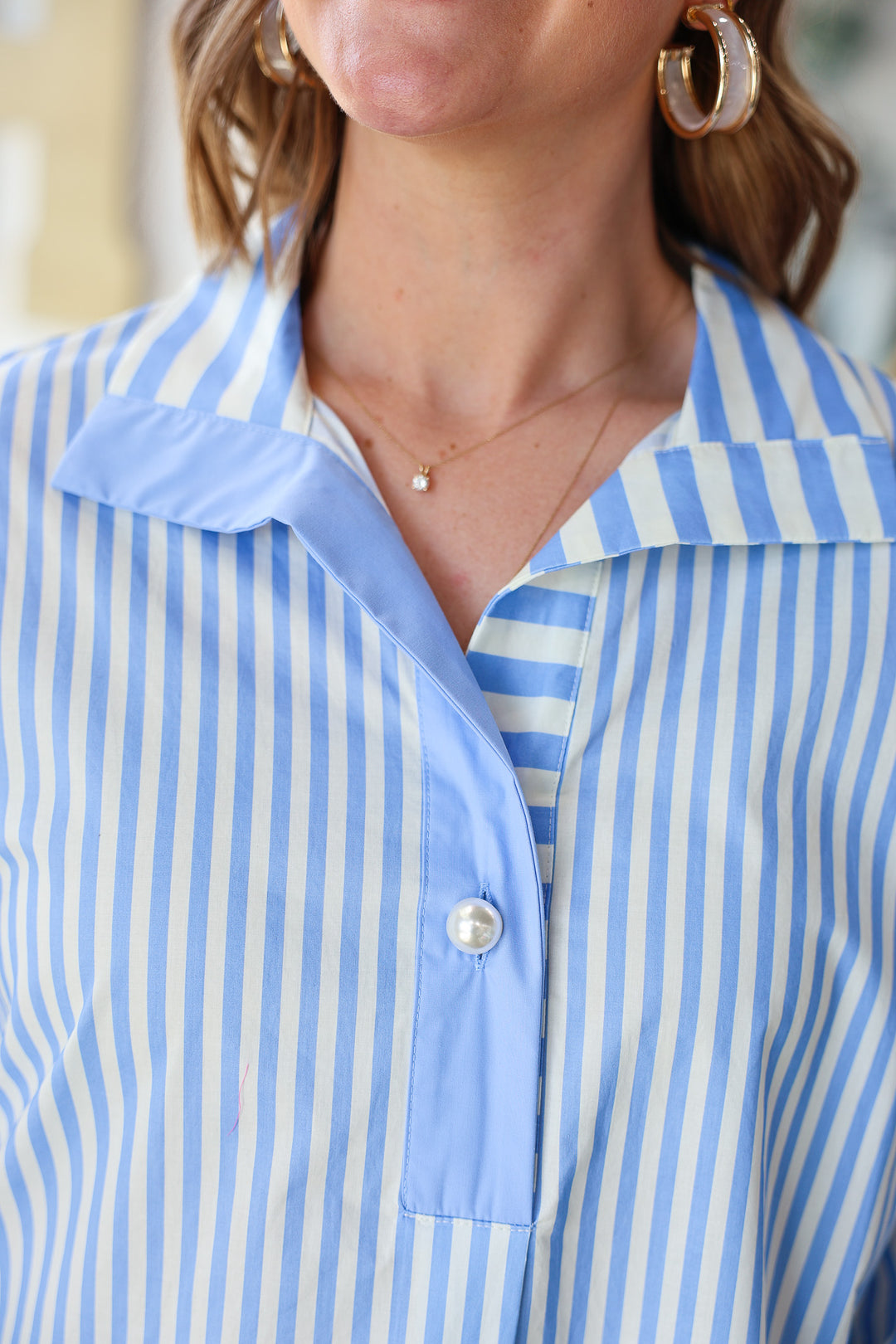 Pearl Button Striped Top - Blue