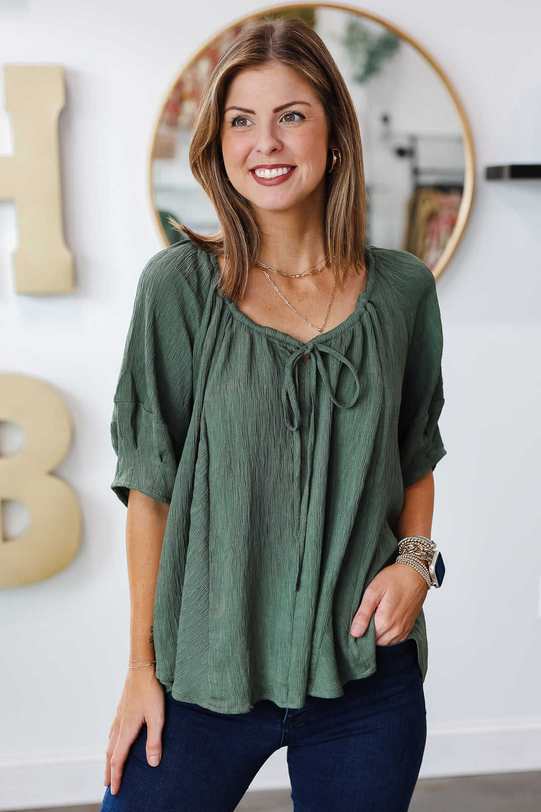 Tie Neck Top - Forest Green