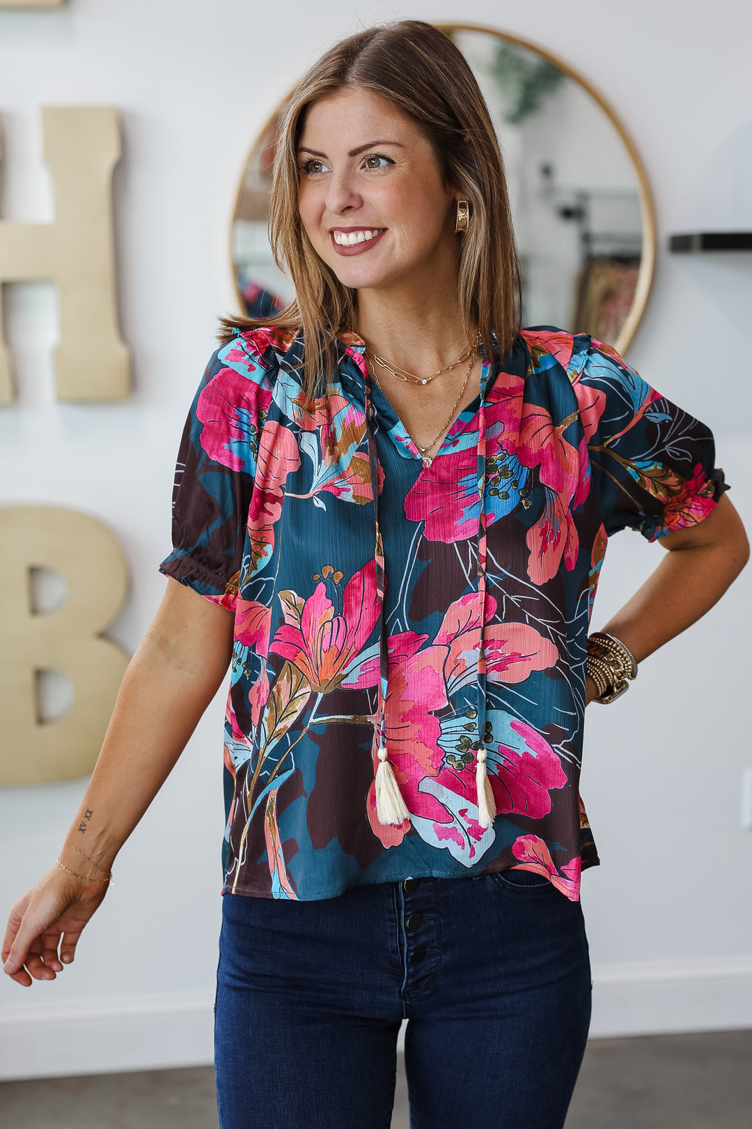 Tassel Tie Printed Top - Navy