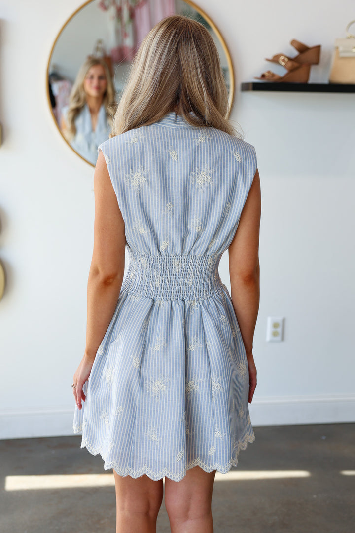 Embroidered Smocked Waist Dress - Blue