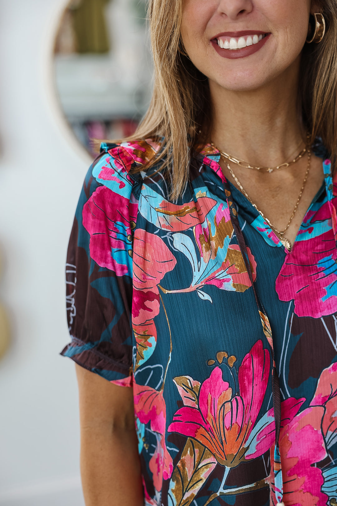 Tassel Tie Printed Top - Navy