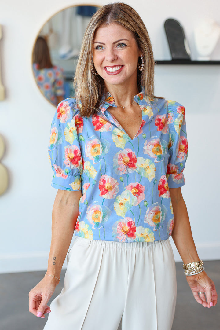 Pleated Collar Top - Blue