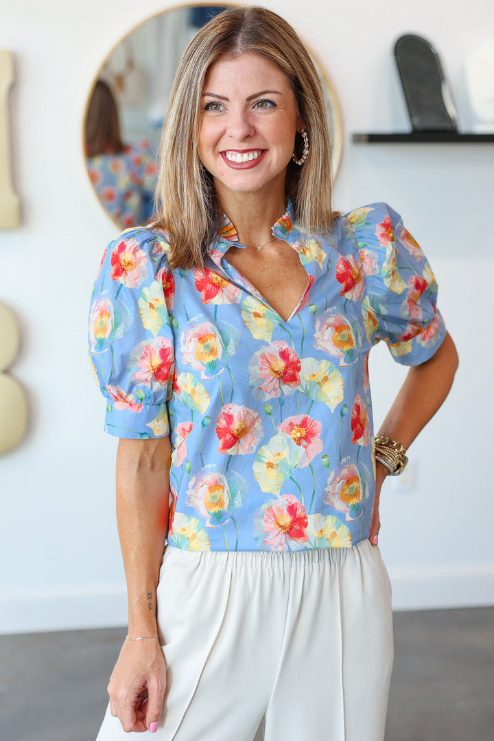 Pleated Collar Top - Blue