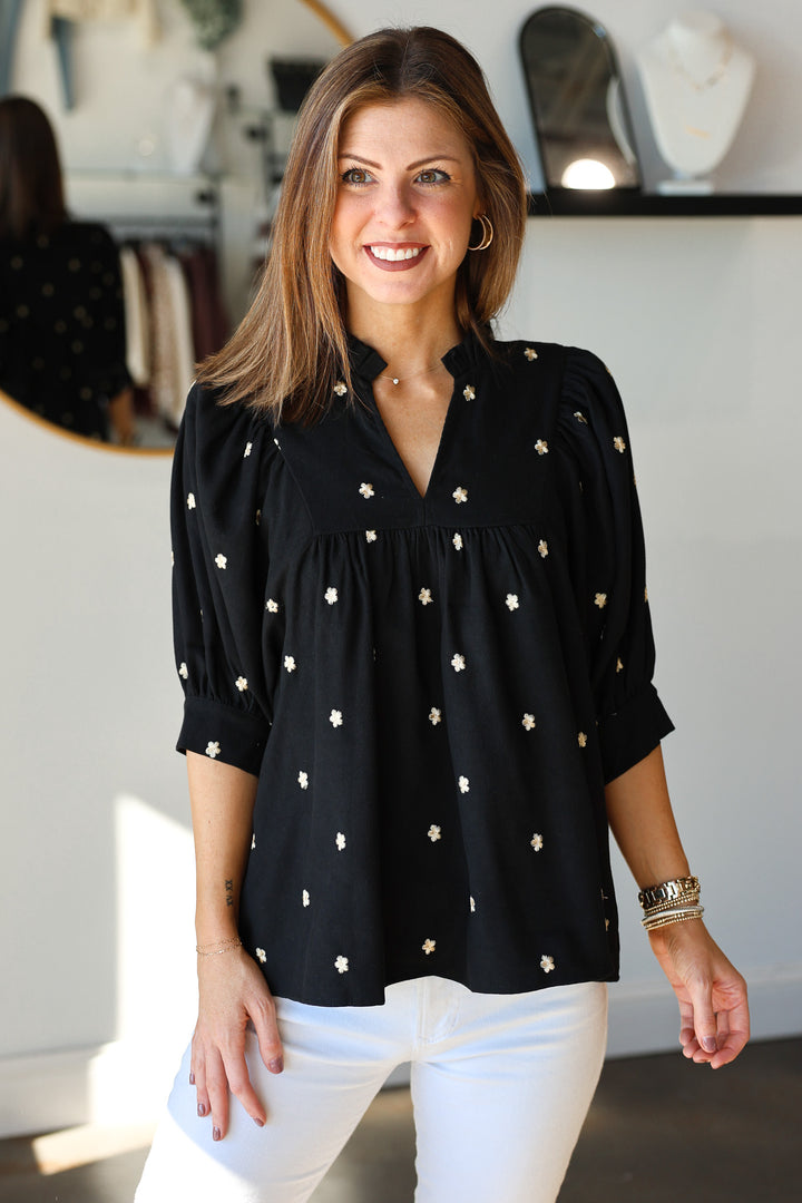 Embroidered Corduroy Top - Black