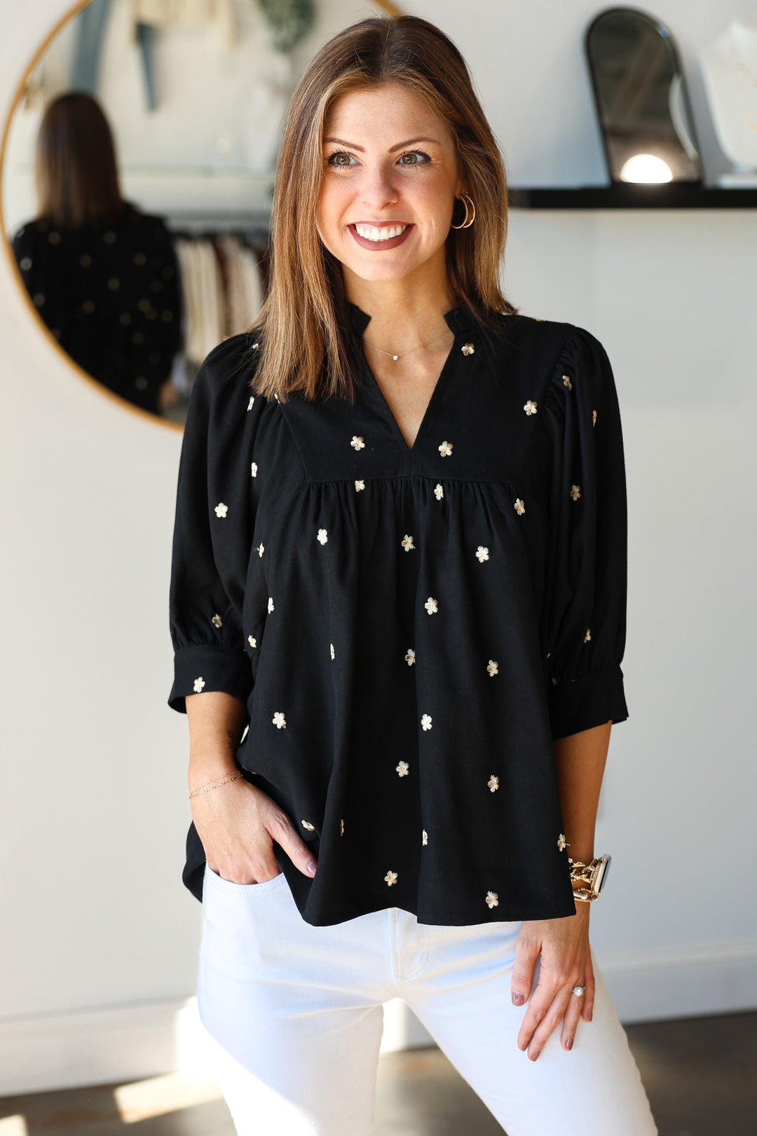 Embroidered Corduroy Top - Black