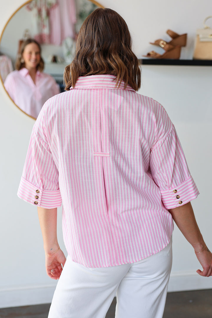 Striped Three Quarter Sleeve Top - Pink