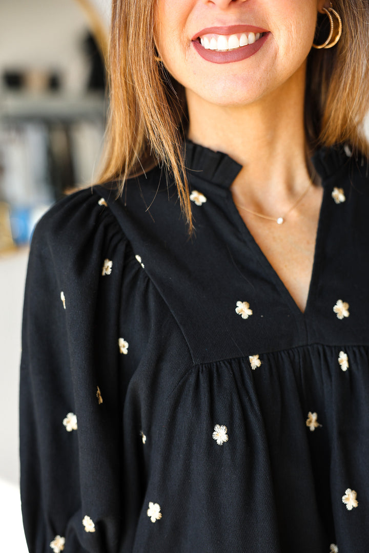 Embroidered Corduroy Top - Black