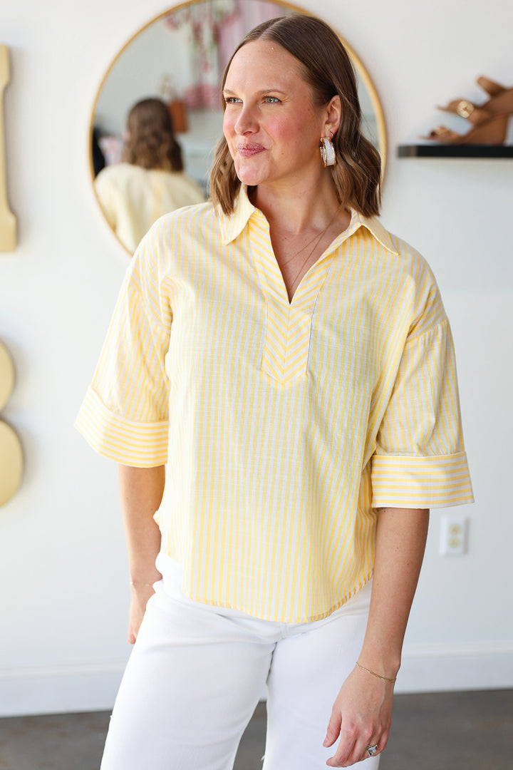 Striped Three Quarter Sleeve Top - Yellow