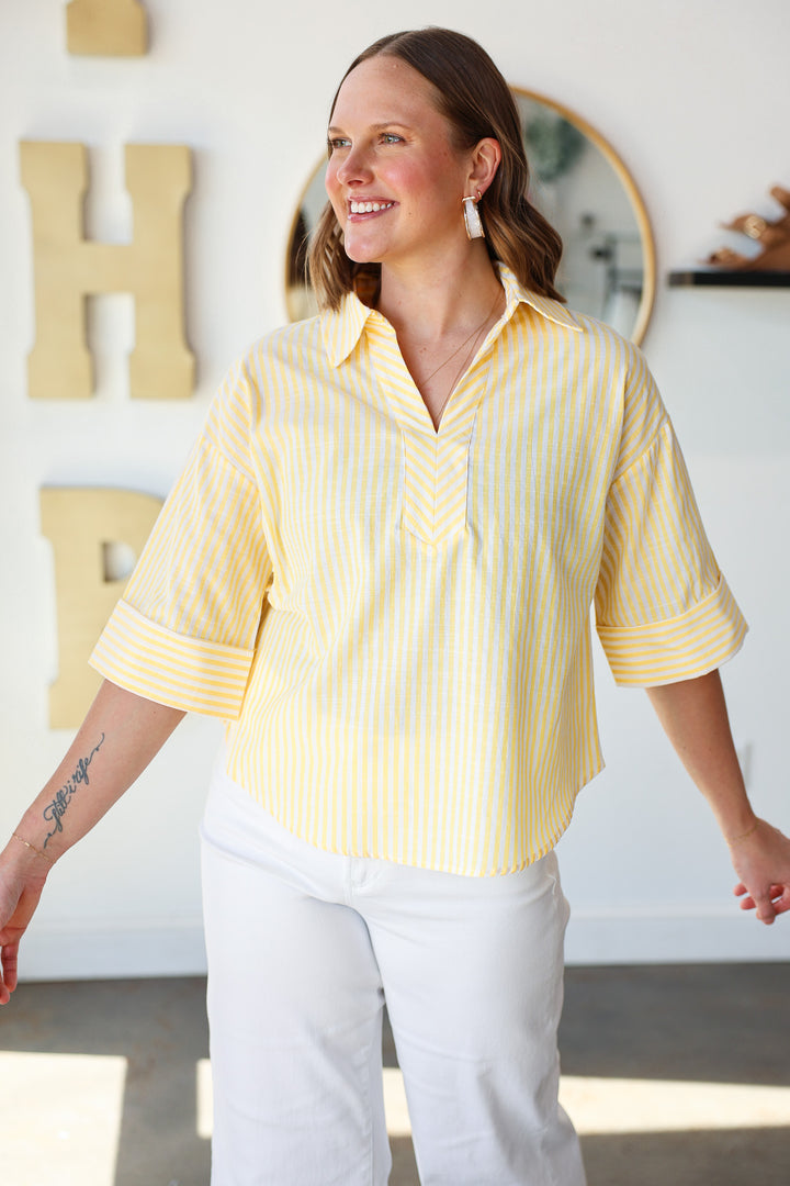 Striped Three Quarter Sleeve Top - Yellow