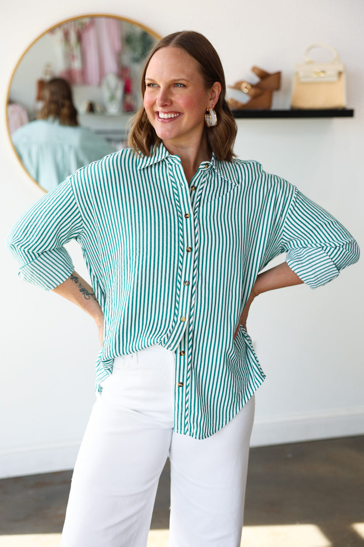 Striped Button Down Top - Green