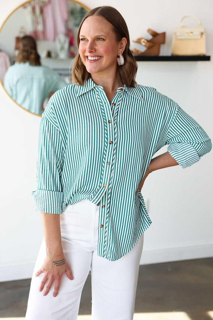 Striped Button Down Top - Green
