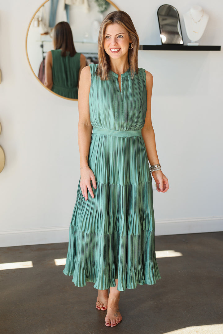 Split Neck Pleated Maxi Dress - Sage