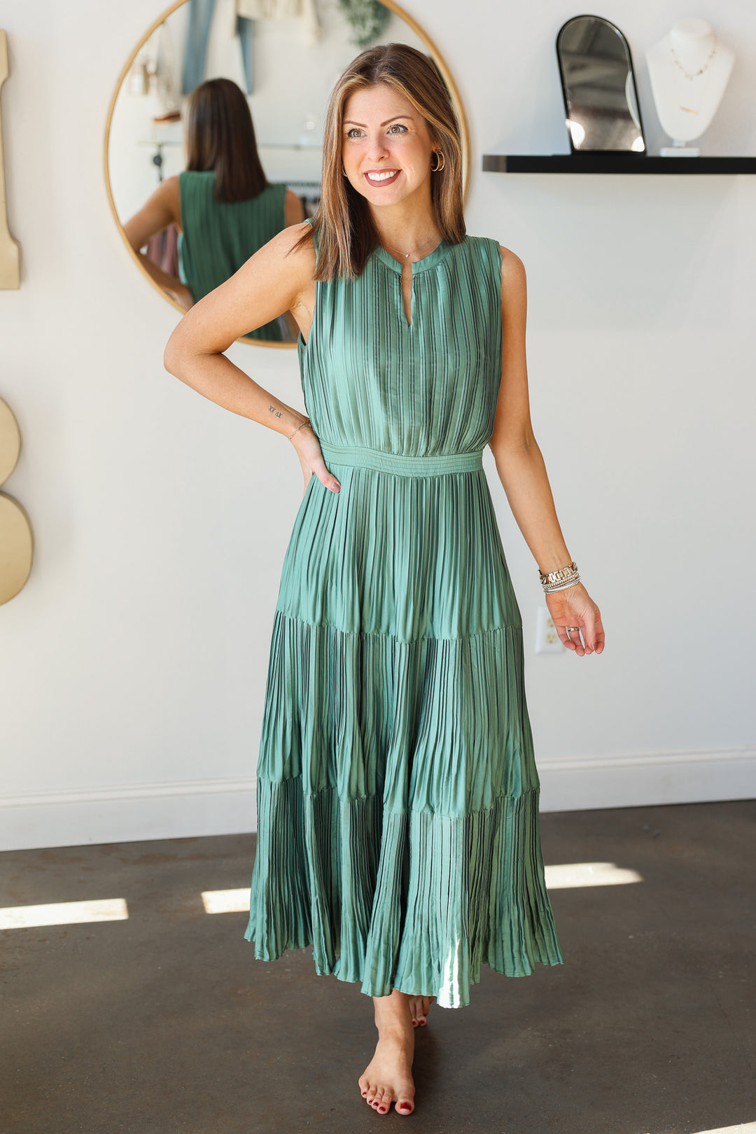 Split Neck Pleated Maxi Dress - Sage